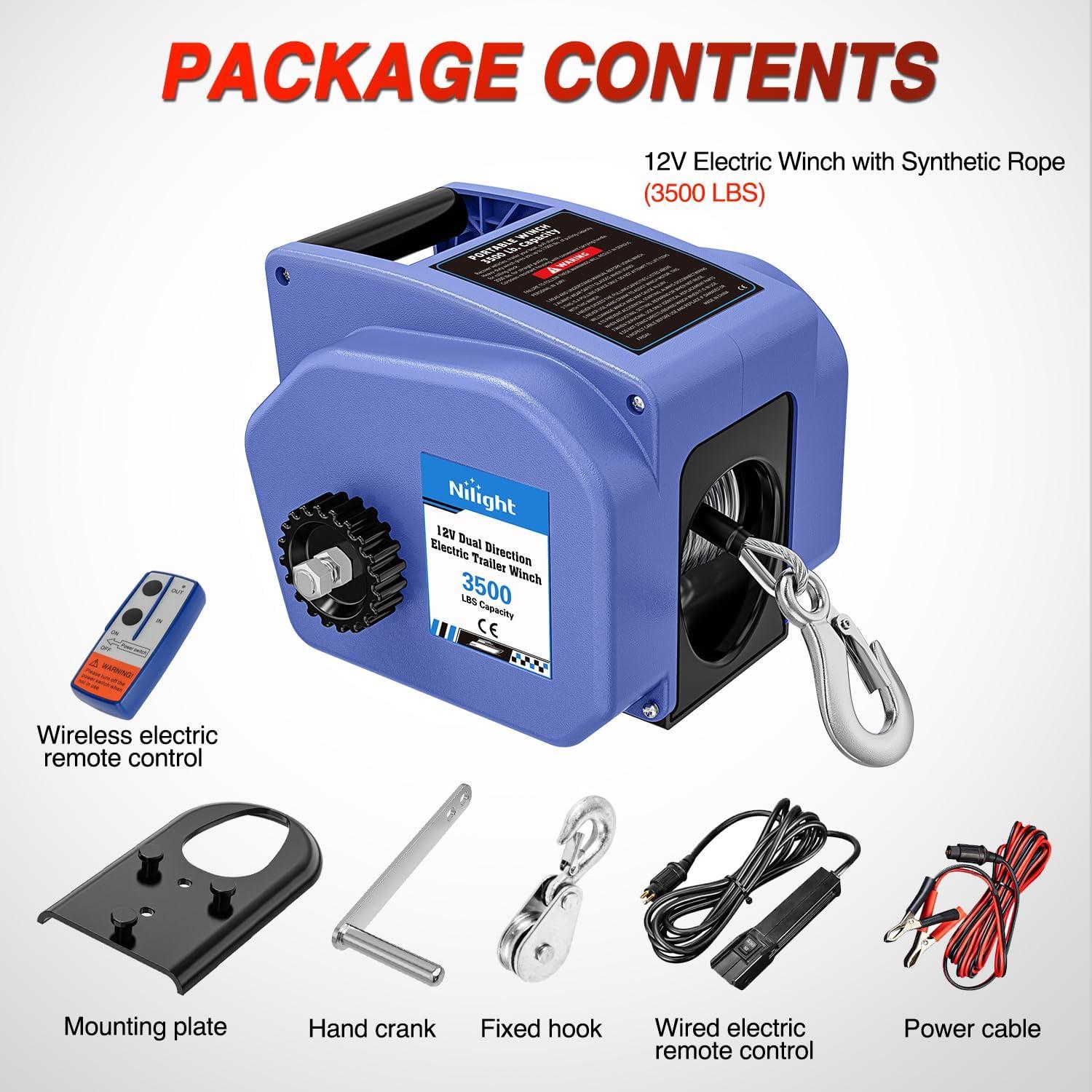 image:imageNilight Boat Trailer Winch 3500 lbs Portable Electric Boat Winches 12 V DC Marine Winch with Steel Cable Remote Control amp Hand Crank PowerIn Freewheel Operat Waterproof Winch for Boat Trailer OrangeBlue