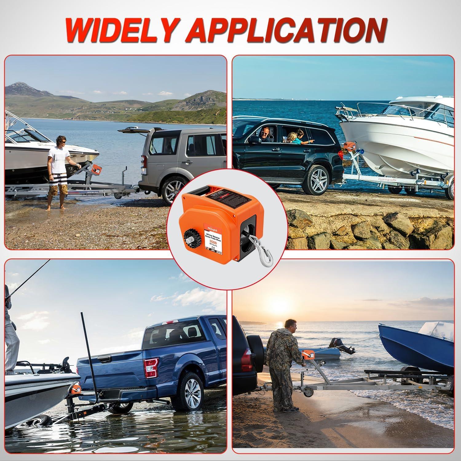 image:imageNilight Boat Trailer Winch 3500 lbs Portable Electric Boat Winches 12 V DC Marine Winch with Steel Cable Remote Control amp Hand Crank PowerIn Freewheel Operat Waterproof Winch for Boat Trailer OrangeOrange