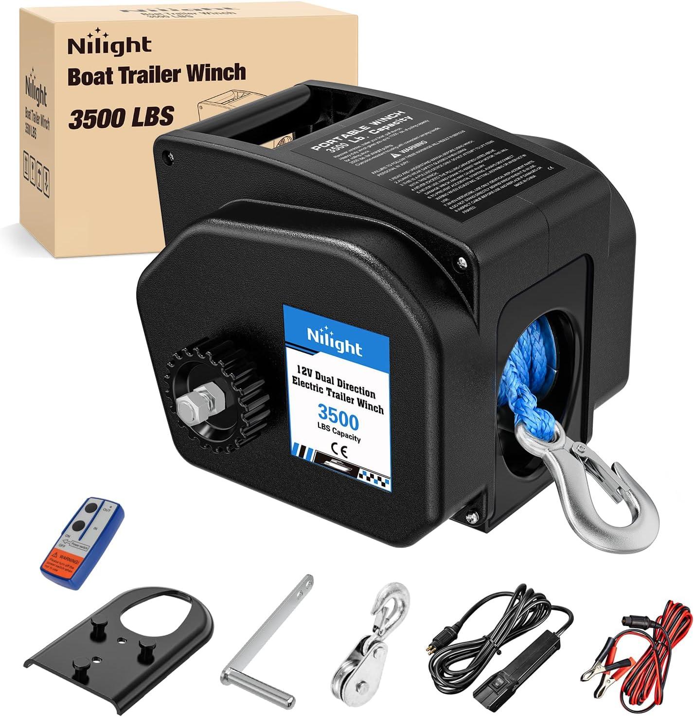 image:imageNilight Boat Trailer Winch 3500 lbs Portable Electric Boat Winches 12 V DC Marine Winch with Steel Cable Remote Control amp Hand Crank PowerIn Freewheel Operat Waterproof Winch for Boat Trailer OrangeBlack