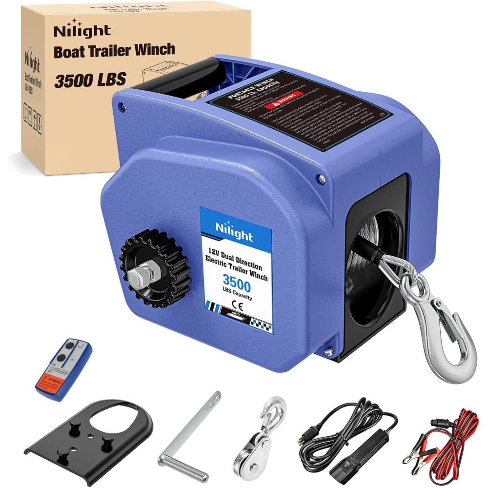 image:imageNilight Boat Trailer Winch 3500 lbs Portable Electric Boat Winches 12 V DC Marine Winch with Steel Cable Remote Control amp Hand Crank PowerIn Freewheel Operat Waterproof Winch for Boat Trailer OrangeBlue