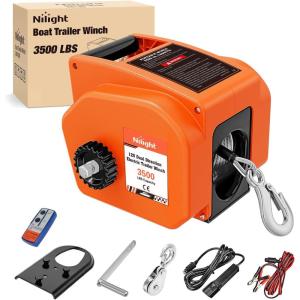 Nilight Boat Trailer Winch 3500 lbs Portable Electric Boat Winches 12 V DC Marine Winch with Steel Cable Remote Control & Hand Crank Power-In Freewheel Operat Waterproof Winch for Boat Trailer, Orange(Orange)