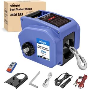 Nilight Boat Trailer Winch 3500 lbs Portable Electric Boat Winches 12 V DC Marine Winch with Steel Cable Remote Control & Hand Crank Power-In Freewheel Operat Waterproof Winch for Boat Trailer, Orange(Blue)