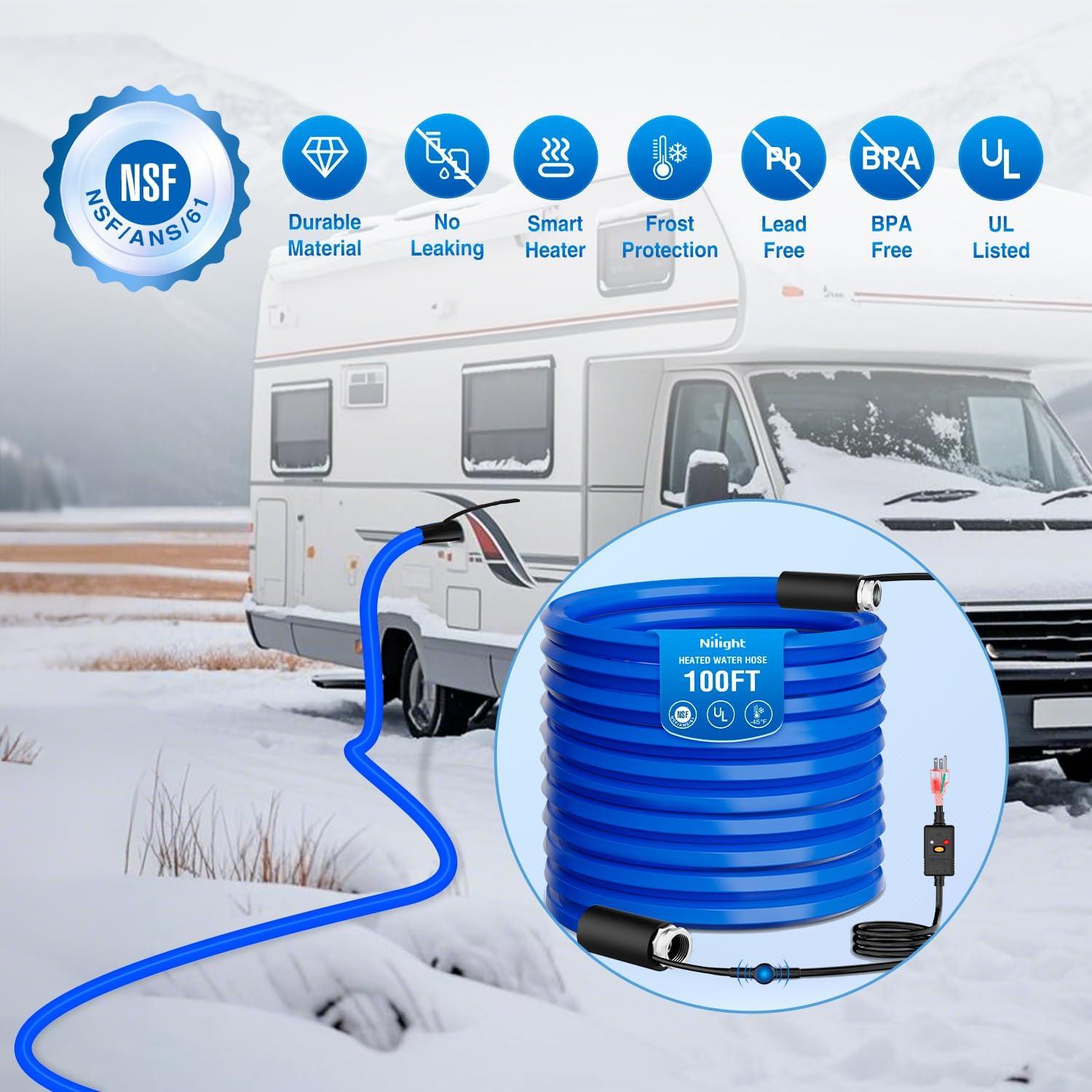 image:imageNilight 100FT Heated Water Hose RV 58Inside Diameter 45F Freeze Protaction Antifreeze Garden Drinking Hoses with Saving Thermostat and Smart Heat System for Winter Camper Supply Accessories