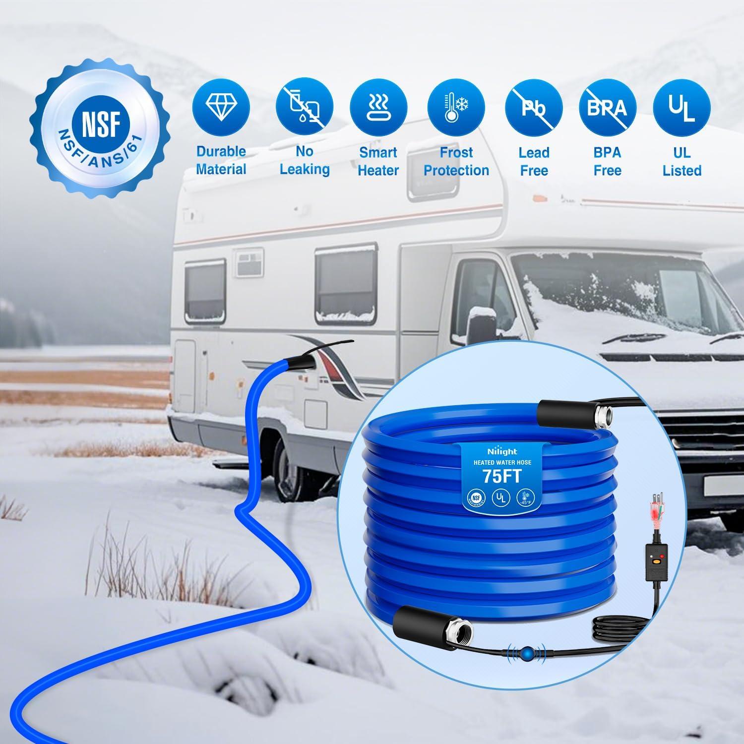 image:imageNilight 75FT Heated Water Hose RV 58Inside Diameter 45F Freeze Protaction Antifreeze Garden Drinking Hoses with Saving Thermostat and Smart Heat System for Winter Camper Supply Accessories75FT