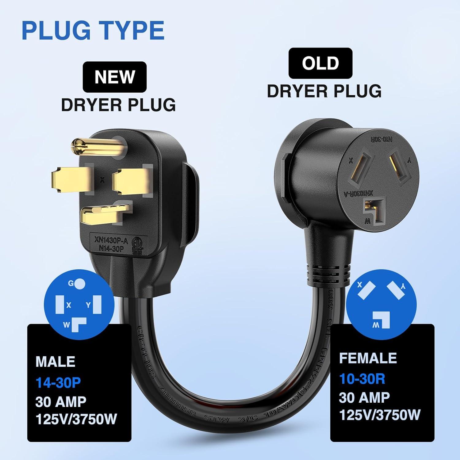 image:imageNilight Dryer Adapter Cord 30 Amp to 30 Amp 3 Prong 125V 3750 Watt Pure Copper Old Dryer Outlet to New Dryer Plug Conversion Heavy Duty 10 Gauge Wire 1030P to 1430R 30M30F1430P to 1030R Black