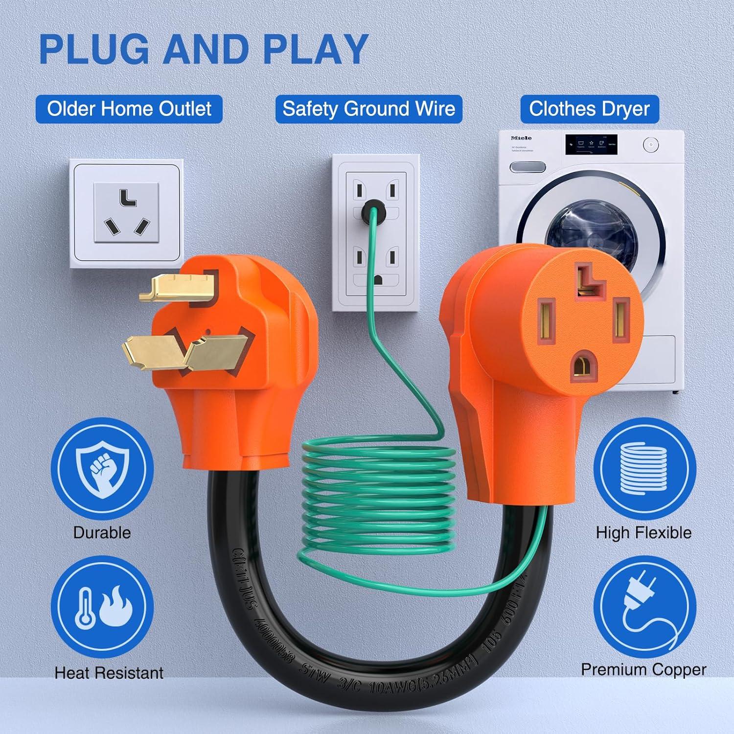 image:imageNilight Dryer Adapter Cord 30 Amp to 30 Amp 3 Prong 125V 3750 Watt Pure Copper Old Dryer Outlet to New Dryer Plug Conversion Heavy Duty 10 Gauge Wire 1030P to 1430R 30M30F1030P to 1430R wGround Wire