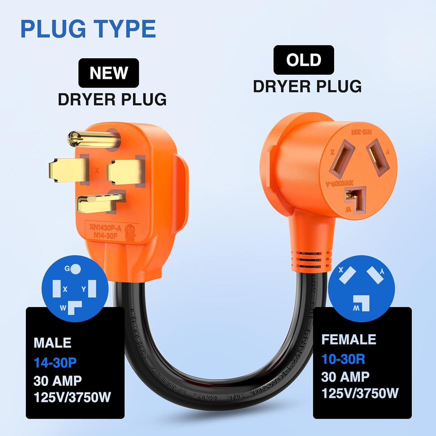 image:imageNilight Dryer Adapter Cord 30 Amp to 30 Amp 3 Prong 125V 3750 Watt Pure Copper Old Dryer Outlet to New Dryer Plug Conversion Heavy Duty 10 Gauge Wire 1030P to 1430R 30M30F1430P to 1030R