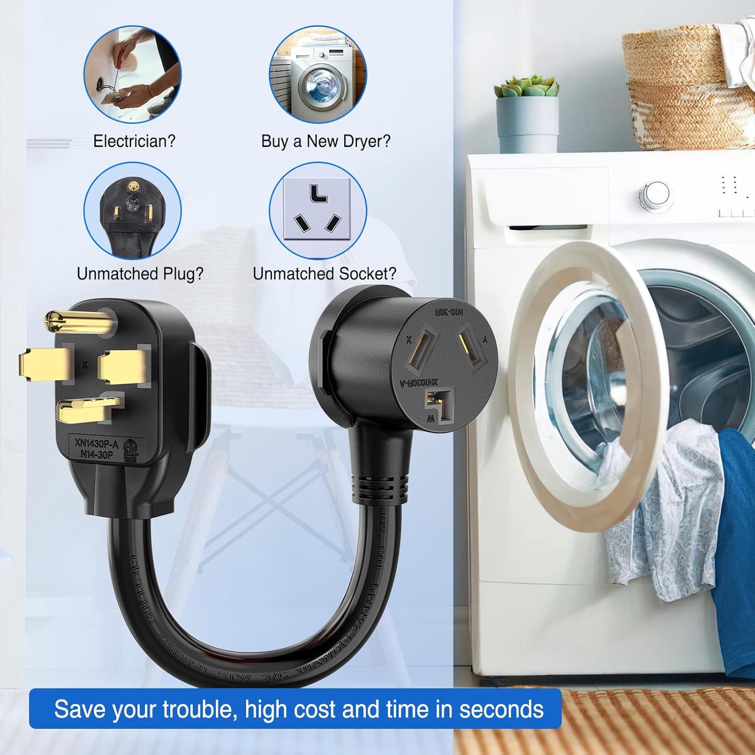 image:imageNilight Dryer Adapter Cord 30 Amp to 30 Amp 3 Prong 125V 3750 Watt Pure Copper Old Dryer Outlet to New Dryer Plug Conversion Heavy Duty 10 Gauge Wire 1030P to 1430R 30M30F1430P to 1030R Black