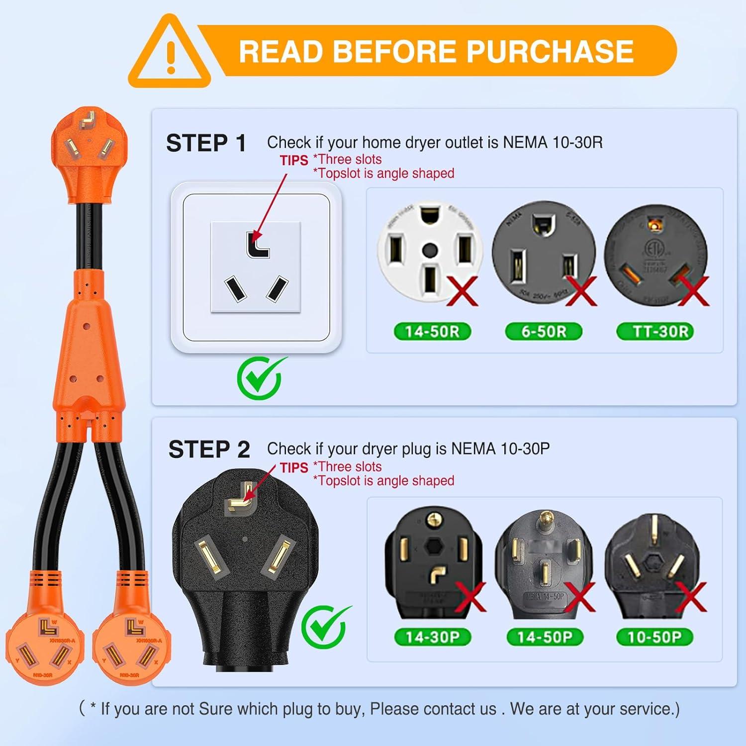 image:imageNilight Dryer Adapter Cord 30 Amp to 30 Amp 3 Prong 125V 3750 Watt Pure Copper Old Dryer Outlet to New Dryer Plug Conversion Heavy Duty 10 Gauge Wire 1030P to 1430R 30M30F1030P1030R Y Splitter