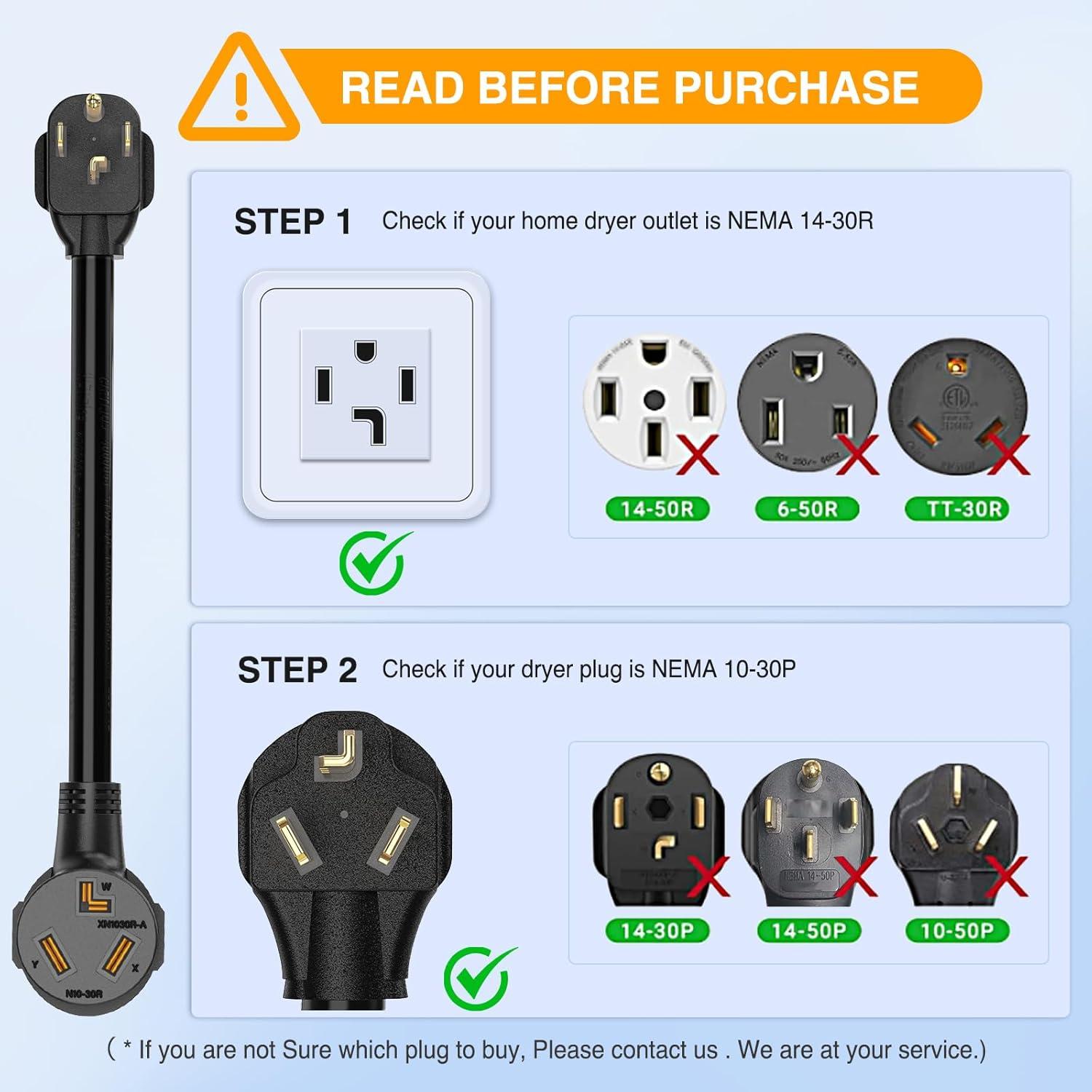 image:imageNilight Dryer Adapter Cord 30 Amp to 30 Amp 3 Prong 125V 3750 Watt Pure Copper Old Dryer Outlet to New Dryer Plug Conversion Heavy Duty 10 Gauge Wire 1030P to 1430R 30M30F1430P to 1030R Black