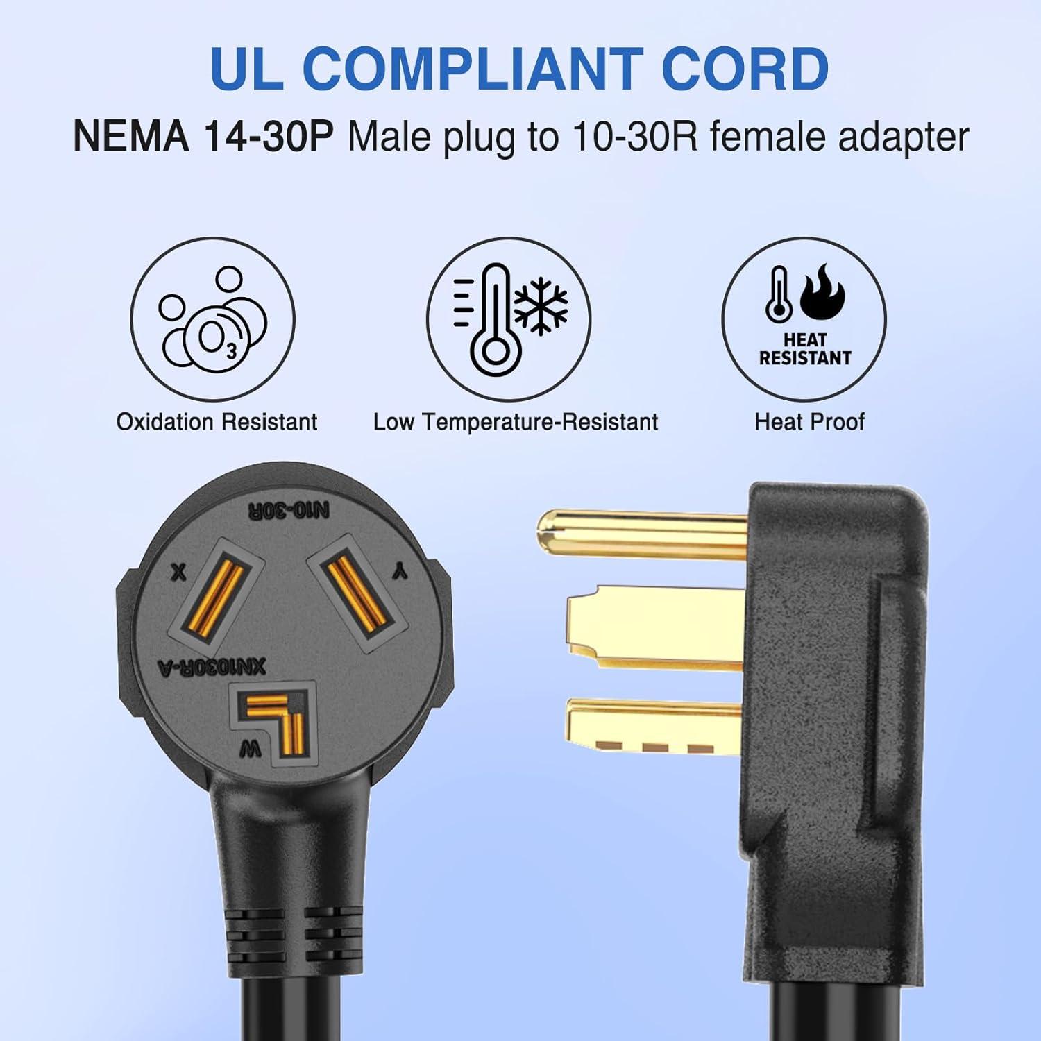 image:imageNilight Dryer Adapter Cord 30 Amp to 30 Amp 3 Prong 125V 3750 Watt Pure Copper Old Dryer Outlet to New Dryer Plug Conversion Heavy Duty 10 Gauge Wire 1030P to 1430R 30M30F1430P to 1030R Black