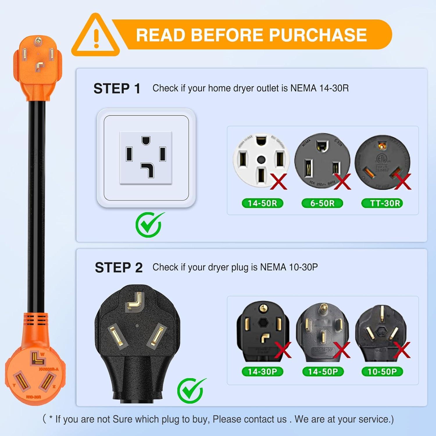 image:imageNilight Dryer Adapter Cord 30 Amp to 30 Amp 3 Prong 125V 3750 Watt Pure Copper Old Dryer Outlet to New Dryer Plug Conversion Heavy Duty 10 Gauge Wire 1030P to 1430R 30M30F1430P to 1030R