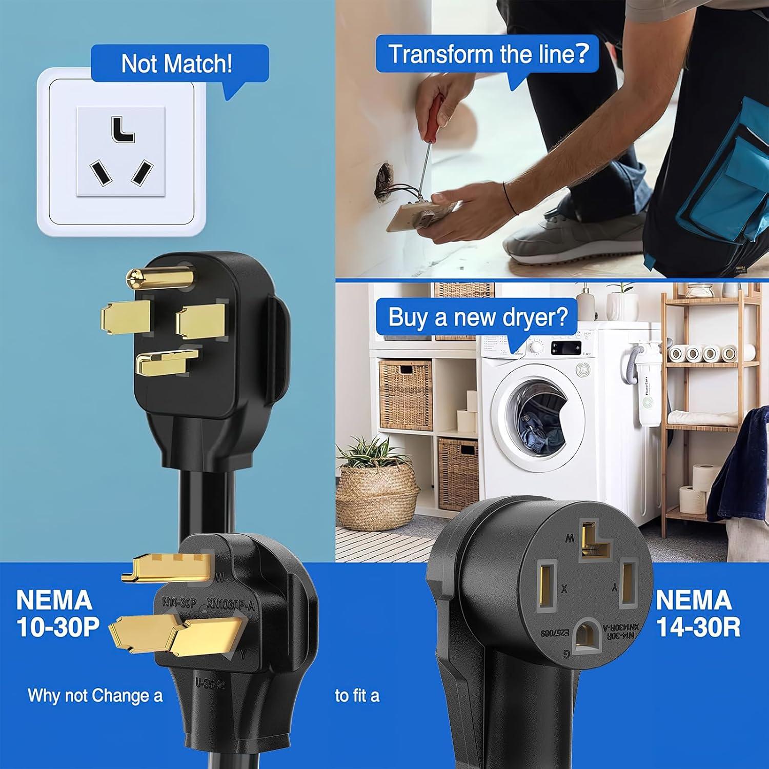 image:imageNilight Dryer Adapter Cord 30 Amp to 30 Amp 3 Prong 125V 3750 Watt Pure Copper Old Dryer Outlet to New Dryer Plug Conversion Heavy Duty 10 Gauge Wire 1030P to 1430R 30M30F1030P to 1430R wGround Wire Black