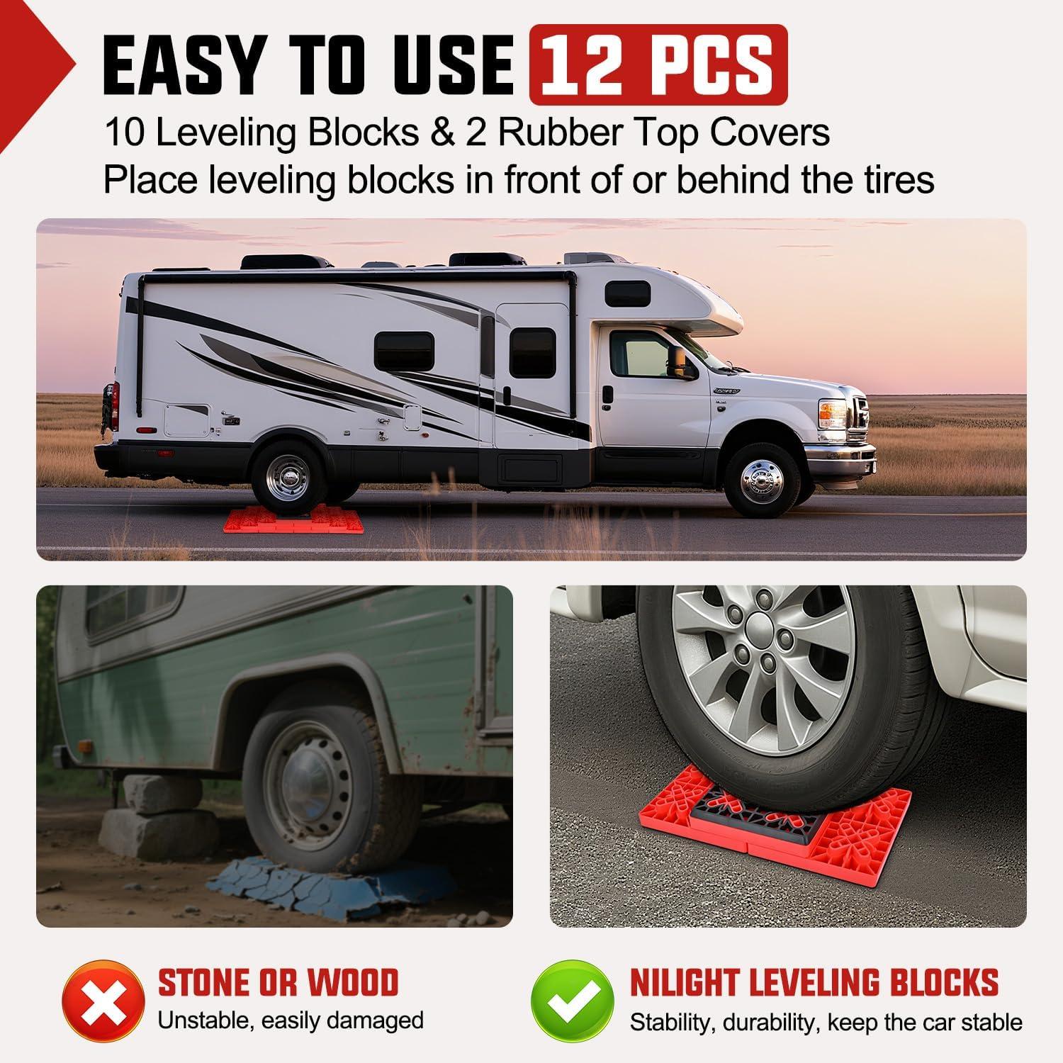 image:imageNilight RV Leveling Blocks 10 Pack Interlocking Design Stabilizer Block Customizable Height with Carrying Bag for Rv Camper Travel Trailer12 Pack