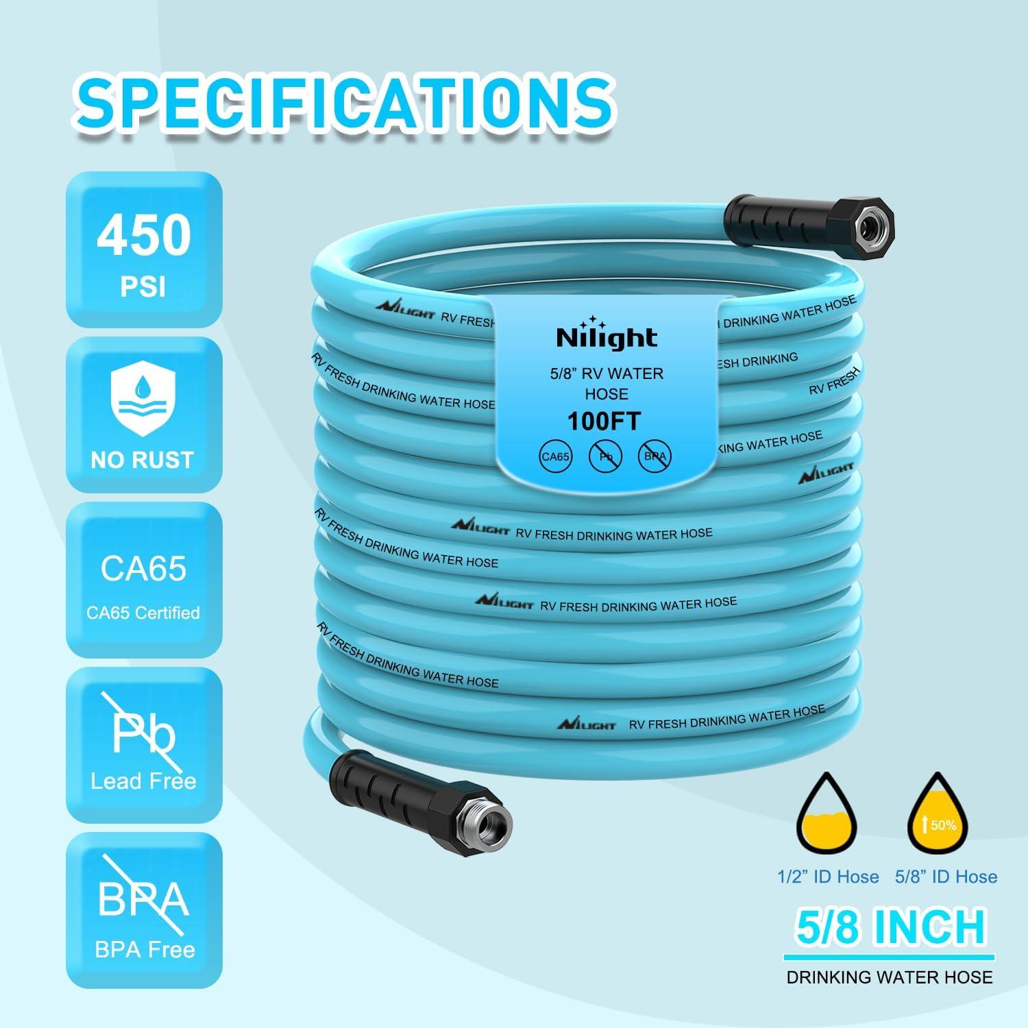 image:imageNilight RV Water Hose 100FT Garden Drinking Hoses with Storage Bag Leakproof AntiKink 58 Inner Diameter Flexible Lightweight Freshwater Hose for RVs Campers Travel Trailer Boat Car Wash Accessories