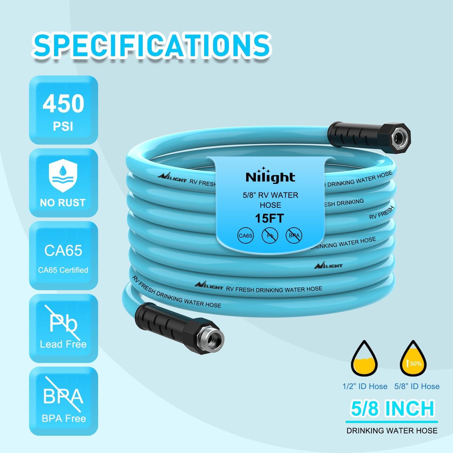 image:imageNilight RV Water Hose 15FT Garden Drinking Hoses with Storage Bag Leakproof AntiKink 58 Inner Diameter Flexible Lightweight Freshwater Hose for RVs Campers Travel Trailer Boat Car Wash Accessories