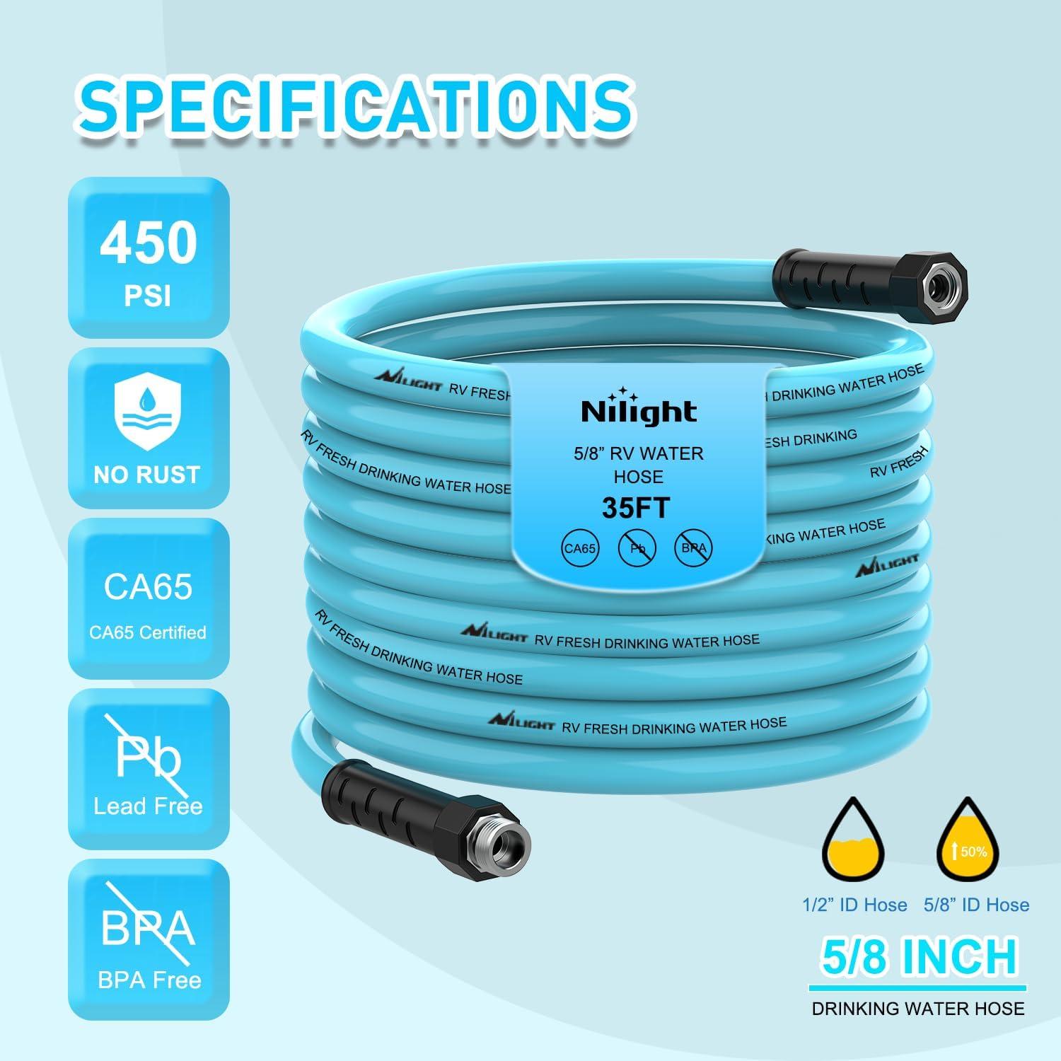 image:imageNilight RV Water Hose 35FT Garden Drinking Hoses with Storage Bag Leakproof AntiKink 58 Inner Diameter Flexible Lightweight Freshwater Hose for RVs Campers Travel Trailer Boat Car Wash Accessories