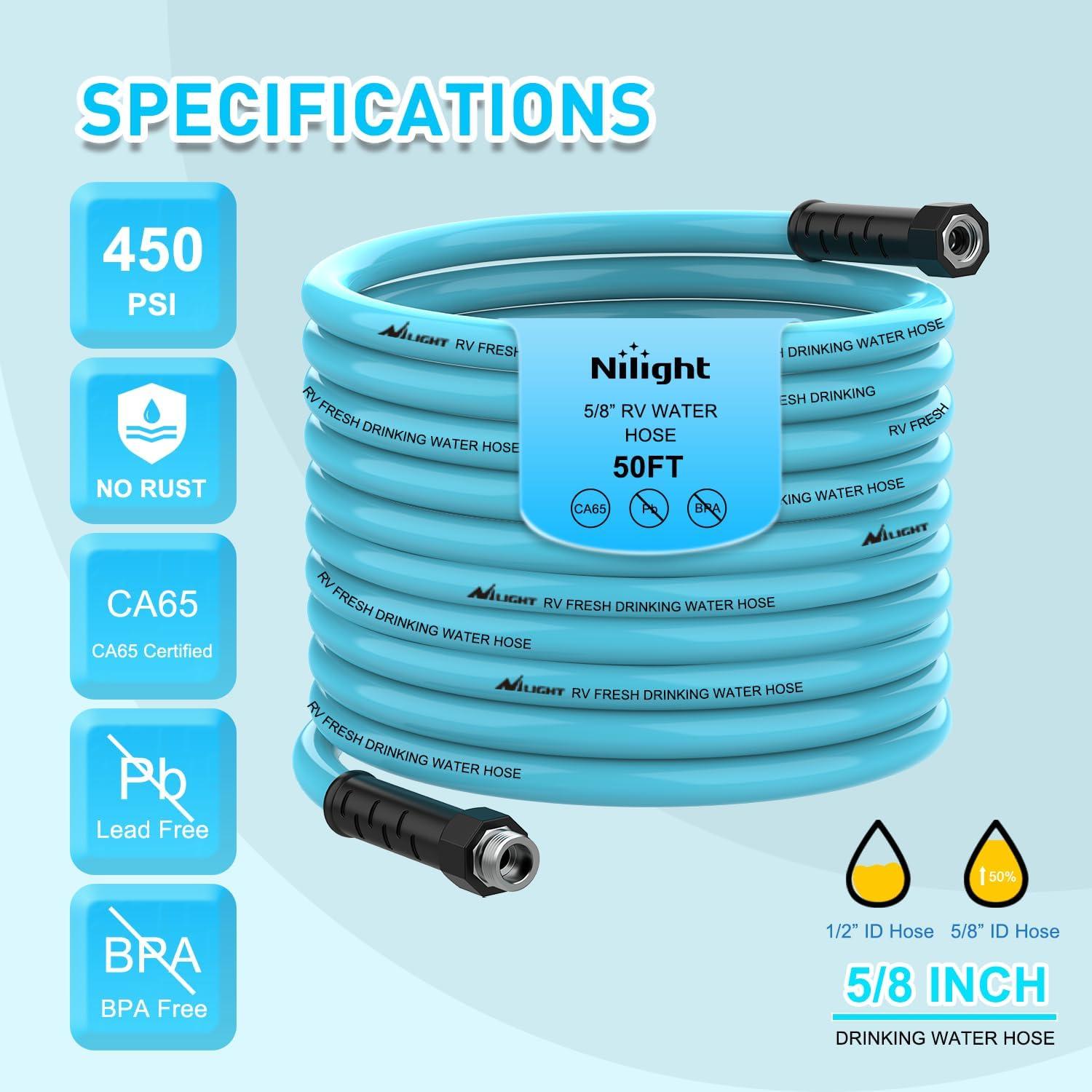 image:imageNilight RV Water Hose 50FT Garden Drinking Hoses with Storage Bag Leakproof AntiKink 58 Inner Diameter Flexible Lightweight Freshwater Hose for RVs Campers Travel Trailer Boat Car Wash Accessories