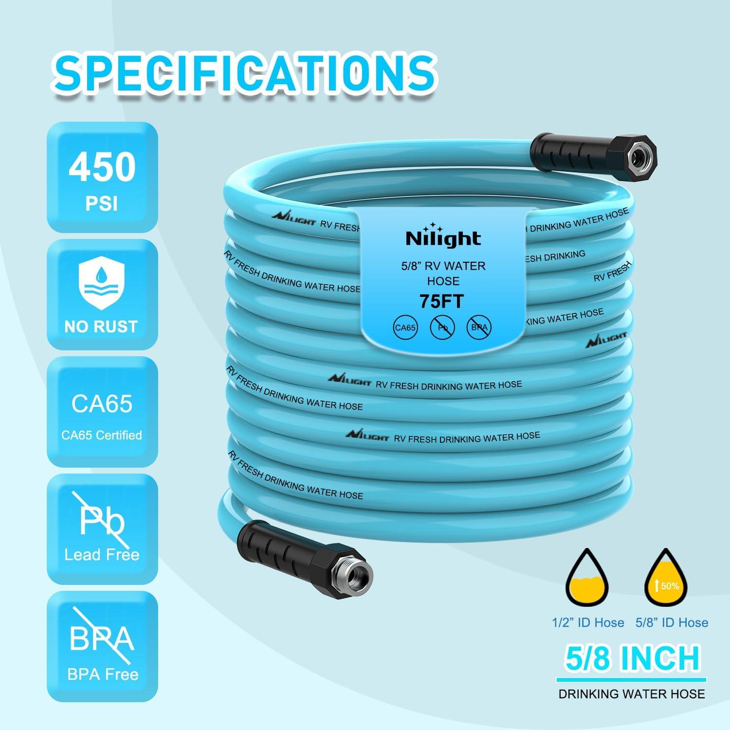 image:imageNilight RV Water Hose 75FT Garden Drinking Hoses with Storage Bag Leakproof AntiKink 58 Inner Diameter Flexible Lightweight Freshwater Hose for RVs Campers Travel Trailer Boat Car Wash Accessories