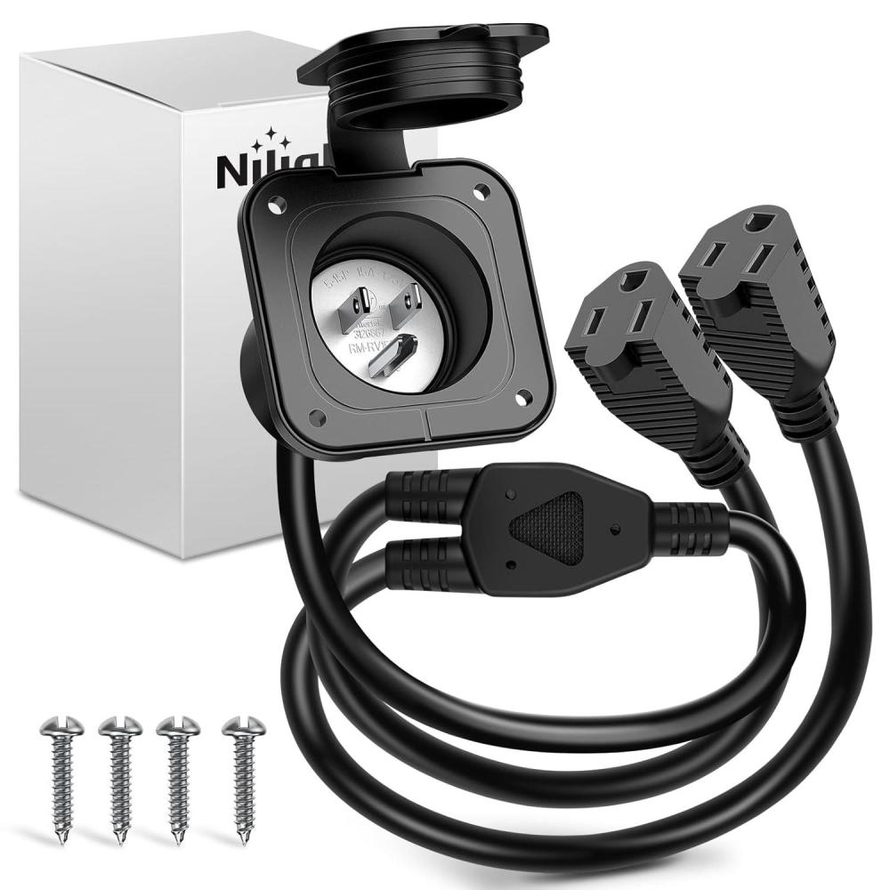 image:imageNilight 15 AMP RV Power Flanged Inlet 125V AC Port Shore Receptacle with Extension Cord ETL Listed NEMA 515P Plug 515R Female Outlet for RV Camper Generator Shed Motorhome15A Flanged Inlet with dual Extension cord