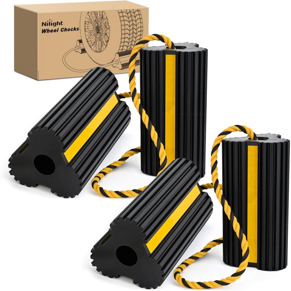 image:imageNilight Wheel Chocks RV Car Heavy Duty Rubber Tire Chock Blocks Stopper Yellow Reflective Strips Stabilizer 4 Pack with Rope for RVs Cars Travel Trailers Campers Trucks Motorcycle Accessories Parking4 Pack Wheel Chocks