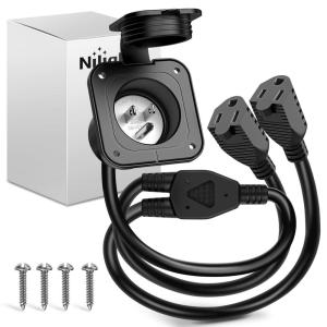Nilight 15 AMP RV Power Flanged Inlet 125V AC Port Shore Receptacle with Extension Cord ETL Listed NEMA 5-15P Plug 5-15R Female Outlet for RV Camper Generator Shed Motorhome(15A Flanged Inlet with dual Extension cord)