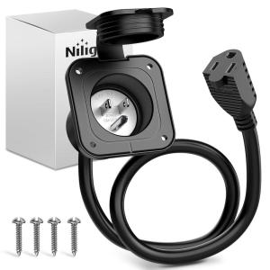 Nilight 15 AMP RV Power Flanged Inlet 125V AC Port Shore Receptacle with Extension Cord ETL Listed NEMA 5-15P Plug 5-15R Female Outlet for RV Camper Generator Shed Motorhome(15A Flanged Inlet with Extension Cord)