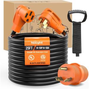 Nilight 50 Amp 25FT RV Locking Extension Cord with Adapter 30Amp to 50Amp 250V Heavy Duty 6/3+8/1 Gauge Pure Copper STW Wire ETL Listed 4 Prong 14-50P SS2-50R 50F/50M Cable Suit for Campers Caravan(50F/50M w/30A Adapter)