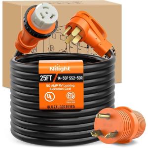 Nilight 50 Amp 25FT RV Locking Extension Cord with Adapter 30Amp to 50Amp 250V Heavy Duty 6/3+8/1 Gauge Pure Copper STW Wire ETL Listed 4 Prong 14-50P SS2-50R 50F/50M Cable Suit for Campers Caravan(50 Amp Locking w/30A Adapter)