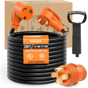 Nilight 50 Amp 25FT RV Locking Extension Cord with Adapter 30Amp to 50Amp 250V Heavy Duty 6/3+8/1 Gauge Pure Copper STW Wire ETL Listed 4 Prong 14-50P SS2-50R 50F/50M Cable Suit for Campers Caravan(30F/30M w/50A Adapter)