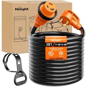 Nilight 50 Amp 25FT RV Locking Extension Cord with Adapter 30Amp to 50Amp 250V Heavy Duty 6/3+8/1 Gauge Pure Copper STW Wire ETL Listed 4 Prong 14-50P SS2-50R 50F/50M Cable Suit for Campers Caravan(30 Amp Locking)