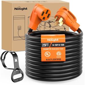 Nilight 50 Amp 25FT RV Locking Extension Cord with Adapter 30Amp to 50Amp 250V Heavy Duty 6/3+8/1 Gauge Pure Copper STW Wire ETL Listed 4 Prong 14-50P SS2-50R 50F/50M Cable Suit for Campers Caravan(50F/50M)