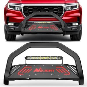 Nilight Bull Bar with Light fits 2003-2008 Honda Pilot, 2006-2015 Honda Ridgeline, 2001-2006 Acura MDX Front Bumper Grille Brush Push Guard with Skid Plate Licence Plate Hole Black(Honda Pilot 16-20 Ridgeline 17-24 Odyssey 18-20)