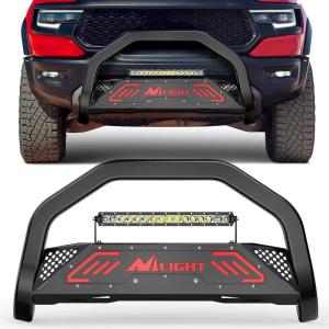 Nilight Bull Bar with Light fits 2003-2008 Honda Pilot, 2006-2015 Honda Ridgeline, 2001-2006 Acura MDX Front Bumper Grille Brush Push Guard with Skid Plate Licence Plate Hole Black(Dodge Ram 1500 New Body 2019-2024)