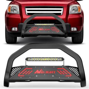 Nilight Bull Bar with Light fits 2003-2008 Honda Pilot, 2006-2015 Honda Ridgeline, 2001-2006 Acura MDX Front Bumper Grille Brush Push Guard with Skid Plate Licence Plate Hole Black(Honda Pilot 03-08 Ridgeline 06-15 Acura MDX 01-06)