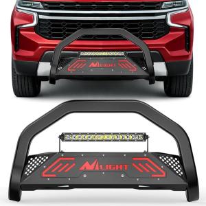 Nilight Bull Bar with Light fits 2003-2008 Honda Pilot, 2006-2015 Honda Ridgeline, 2001-2006 Acura MDX Front Bumper Grille Brush Push Guard with Skid Plate Licence Plate Hole Black(Chevy Tahoe/Suburban2021-2024（Excl. High Country）)