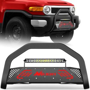 Nilight Bull Bar with Light fits 2003-2008 Honda Pilot, 2006-2015 Honda Ridgeline, 2001-2006 Acura MDX Front Bumper Grille Brush Push Guard with Skid Plate Licence Plate Hole Black(Toyota Fj Cruizer 2007-2014)