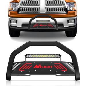 Nilight Bull Bar with Light fits 2003-2008 Honda Pilot, 2006-2015 Honda Ridgeline, 2001-2006 Acura MDX Front Bumper Grille Brush Push Guard with Skid Plate Licence Plate Hole Black(Dodge Ram 2009-2018)