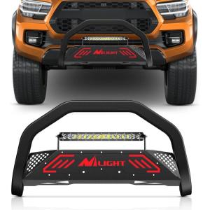 Nilight Bull Bar with Light fits 2003-2008 Honda Pilot, 2006-2015 Honda Ridgeline, 2001-2006 Acura MDX Front Bumper Grille Brush Push Guard with Skid Plate Licence Plate Hole Black(Toyota Tacoma 2016-2023)