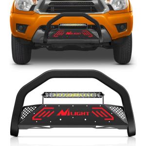 Nilight Bull Bar with Light fits 2003-2008 Honda Pilot, 2006-2015 Honda Ridgeline, 2001-2006 Acura MDX Front Bumper Grille Brush Push Guard with Skid Plate Licence Plate Hole Black(Toyota Tacoma 2005-2015)