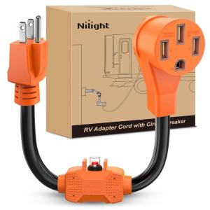 Nilight RV Locking Adapter Cord with Circuit Breaker Overload Protector 15 Amp to 50 Amp Plug 110V Electrical 10 Gauge Wire ETL Listed 5-15P to SS2-50R 15M/50F Weatherproof for RV Camper Caravan Van(15M/50F w/ Circuit Breaker)