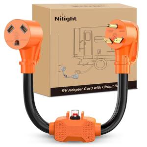 Nilight RV Locking Adapter Cord with Circuit Breaker Overload Protector 15 Amp to 50 Amp Plug 110V Electrical 10 Gauge Wire ETL Listed 5-15P to SS2-50R 15M/50F Weatherproof for RV Camper Caravan Van(30M/30F w/ Circuit Breaker)
