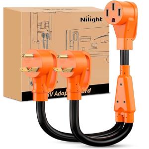 Nilight RV Locking Adapter Cord with Circuit Breaker Overload Protector 15 Amp to 50 Amp Plug 110V Electrical 10 Gauge Wire ETL Listed 5-15P to SS2-50R 15M/50F Weatherproof for RV Camper Caravan Van(30M/50F Y Splitter)