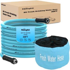 Nilight RV Water Hose 35FT Garden Drinking Hoses with Storage Bag Leakproof Anti-Kink 5/8″ Inner Diameter Flexible Lightweight Freshwater Hose for RVs Campers Travel Trailer Boat Car Wash Accessories