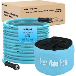 Nilight RV Water Hose 75FT Garden Drinking Hoses with Storage Bag Leakproof Anti-Kink 5/8″ Inner Diameter Flexible Lightweight Freshwater Hose for RVs Campers Travel Trailer Boat Car Wash Accessories
