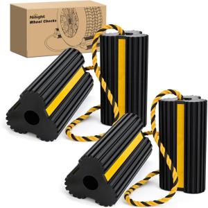 Nilight Wheel Chocks RV Car Heavy Duty Rubber Tire Chock Blocks Stopper Yellow Reflective Strips Stabilizer 4 Pack with Rope for RVs Cars Travel Trailers Campers Trucks Motorcycle Accessories Parking(4 Pack Wheel Chocks)