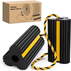 Nilight Wheel Chocks RV Car Heavy Duty Rubber Tire Chock Blocks Stopper Yellow Reflective Strips Stabilizer 4 Pack with Rope for RVs Cars Travel Trailers Campers Trucks Motorcycle Accessories Parking(2 Pack Wheel Chocks)