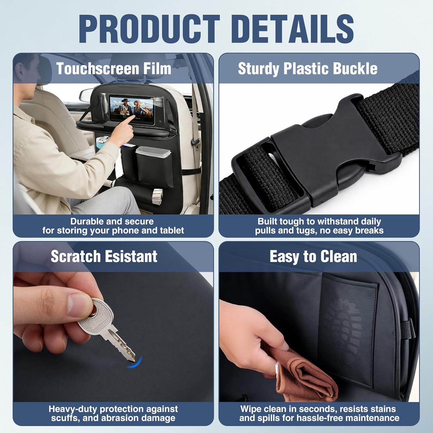 image:imageNilight Car Seatback Organizer 2PCS with Foldable Tray Tablet Holder PU Leather Multifunctional Storage Bag Kick Mat Tissue Box Removable Bucket Waterproof Universal for Car Van SUV MPV Pickup Truck
