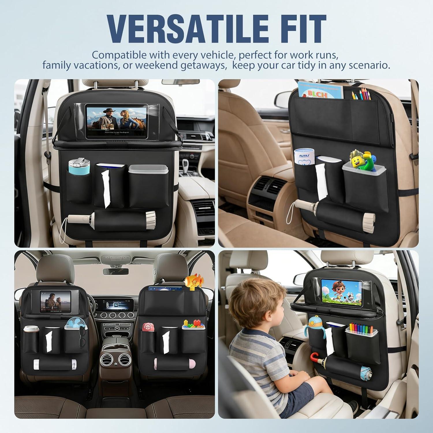 image:imageNilight Car Seatback Organizer 2PCS with Foldable Tray Tablet Holder PU Leather Multifunctional Storage Bag Kick Mat Tissue Box Removable Bucket Waterproof Universal for Car Van SUV MPV Pickup Truck