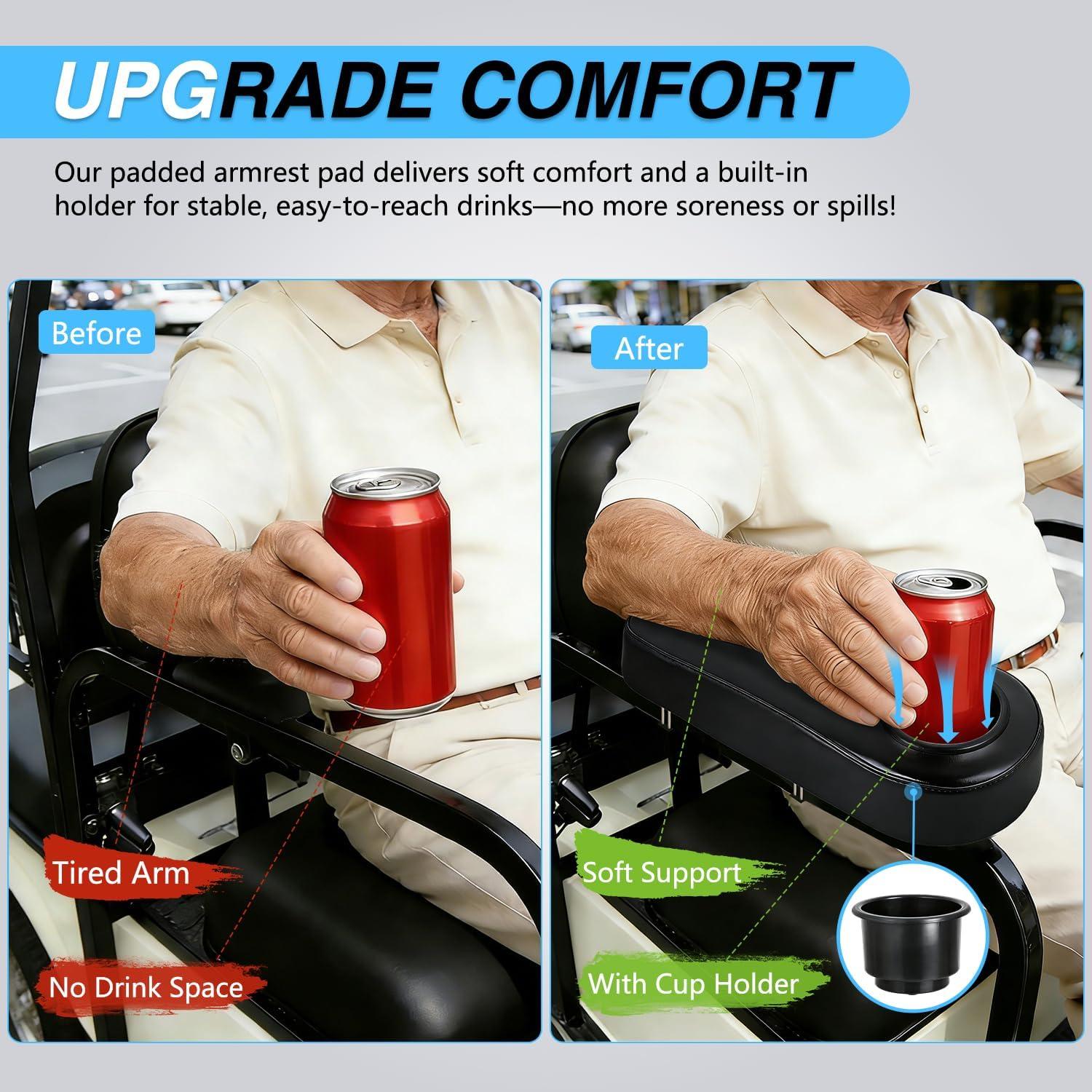 image:imageNilight Golf Cart Armrest Black 2PCS Flip Stand Fits 1 inch Square No Drilling with Detachable Cup Holder Iron Bracket PU Leather Wooden Baseboard for EZGO Club Car Yamaha Rear Seat